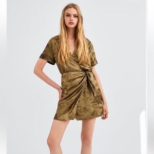 Zara Gold Metallic Wrap Mini Dress NWT